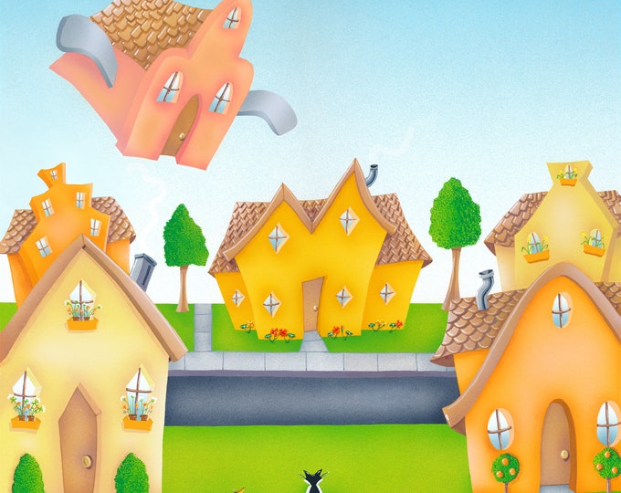 FLYING HOME Framed Art Print | Colorful Neighborhood Painting | Whimsical  Wall Art | Fanciful Flying House Print | Nursery Print | 12x12