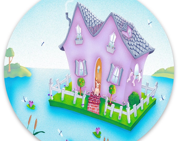3”x3”  House Boat 1 Circle Vinyl Sticker | Waterproof Colorful Sticker | Lake-House-Cattails-Lilly pads  Sticker | Valerie Walsh Stickers