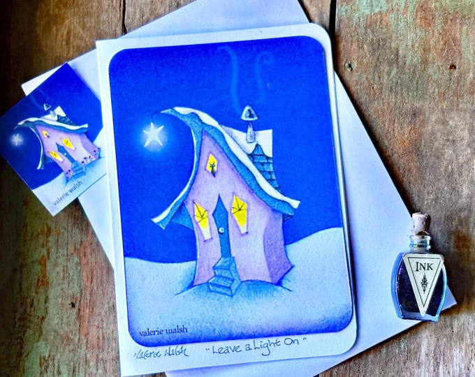 Leave a Light On Blank Greeting Card | Hobbit House in Snow l Holiday Card