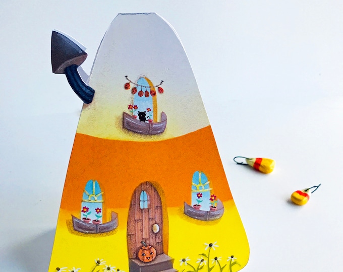 Candy Corn Cottage GREETING CARD | Candy Corn-Pumpkin-Fall Cottage Greeting Card | House Shaped Card |  Card | Valerie Walsh  Cards