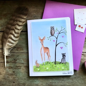 Cartão de felicitações em branco Forest Love | Nature Art | Veado-Guaxinim-Coruja-Coelho-Corações- Cartão de felicitações | | Cartão| Cartões de felicitações Valerie Walsh