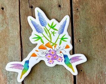 California Native Flowers Sticker – Hummingbirds, Lupine & Poppies – 4x4 Matte