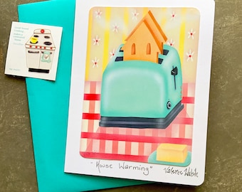 House Warming Blank GREETING CARD | Kitchen themed Postal Card | House Shaped Toast Card | Toast-Toaster card | Valerie Walsh Greeting Cards