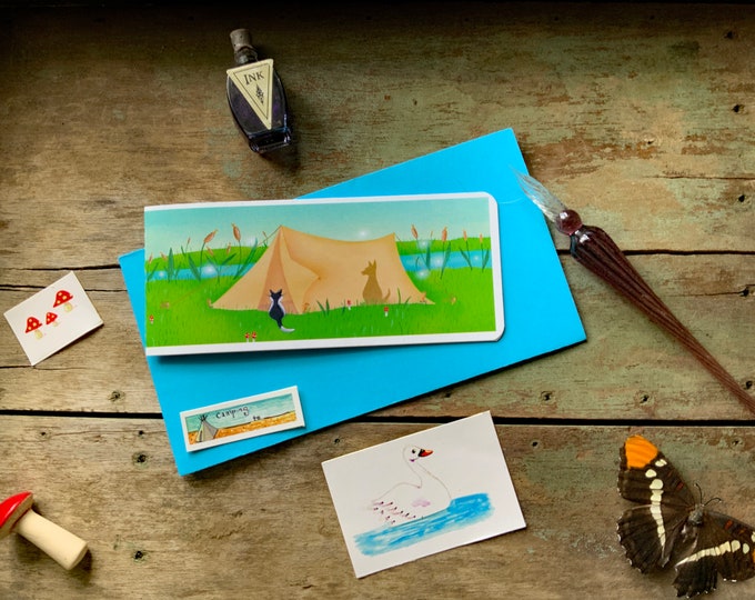 Summer House Slimline Card and Matching Envelope-Dog-Cat-Camping-Fireflies-Owl-Tent- Valerie Walsh Cards