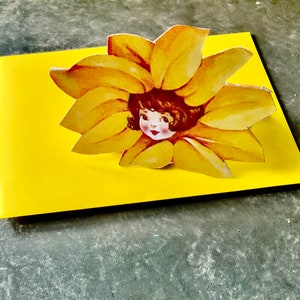 Black Eyed Susan Blumenkarte |  Handgemachte Pop offene Karte | Kleines Mädchen in einer Blume | Val-Karte