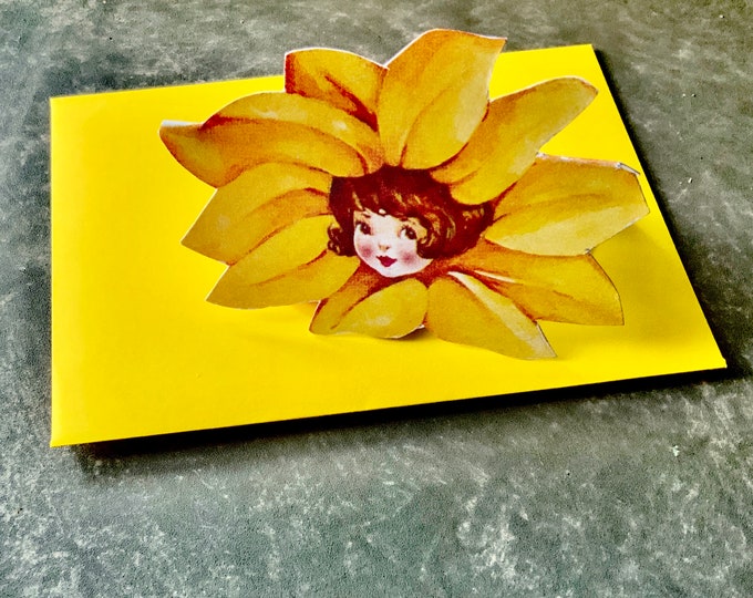 Black Eyed Susan Flower Card  |  Hand Made Pop Open Card | Little Girl inside a Flower |Flower Shaped Card | Val  Card