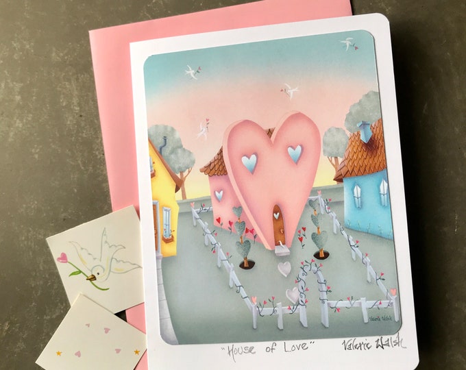 House of Love Blank Greeting Card | Floral Art Card | Flowers-Birds- Heart Shaped Home Greeting Card  | Valerie Walsh Greeting Cards
