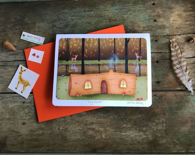 LOG HOME Greeting Card | Colorful Forest Postal Card | Woodland Greetings |  Happy Log Cabin Card | Valerie Walsh Art Work | 5 x 7