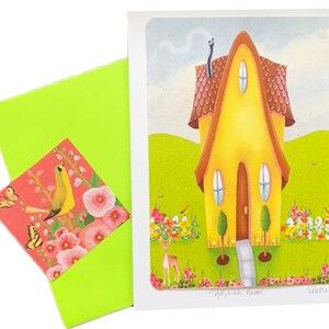 Stockrose Haven Blanko GRUSSKARTE | Gelbe Cottage-Malven Postkarte | Valerie Walsh Karten