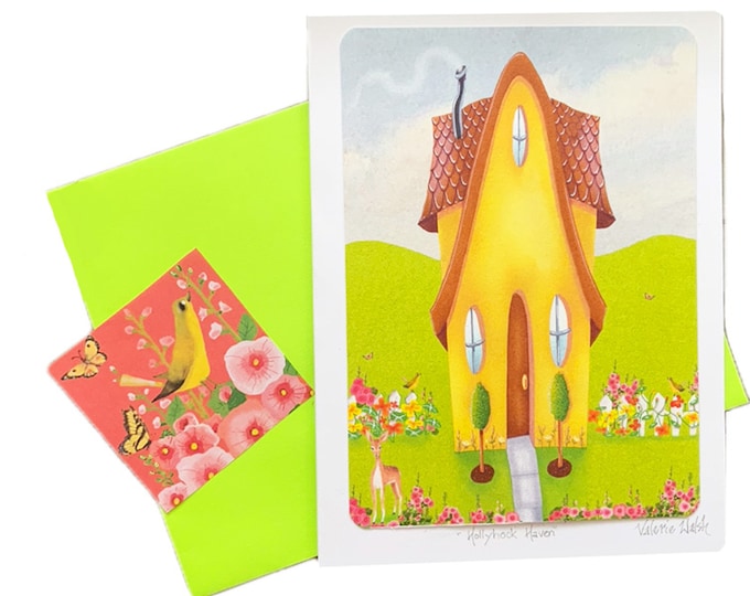 Hollyhock Haven Blank GREETING CARD | Yellow Cottage-Deer-Birds-Butterflies-Hollyhocks-Nasturtiums-Card | Valerie Walsh Cards