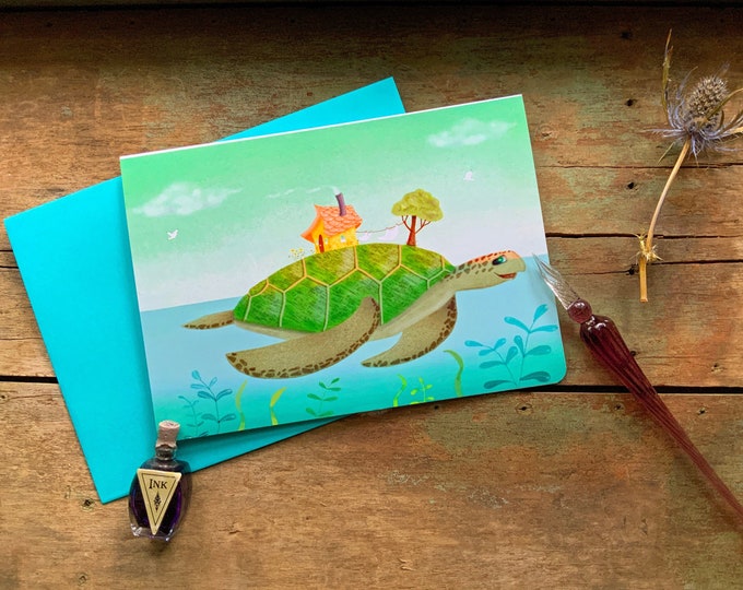 Beach House Blank Greeting Card | Sea Tortoise-Floating Island-Beach Cottage-Ocean Greeting Card | Change of Address-Moving-Card | Val Walsh