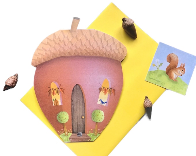 Acorn Abode Greeting Card | Stand up Acorn House | Acorn-Squirrel-Hedgehog-Card | Acorn- Prosperity-Good Luck-Friendship Card | Val Cards