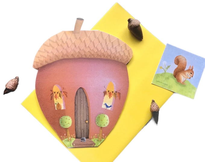 Acorn Abode Greeting Card | Stand up Acorn House | Acorn-Squirrel-Hedgehog-Card | Prosperity-Good Luck-Friendship Gift | Val Cards
