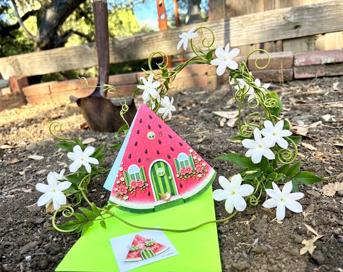 Summerseed Cabin – Watermelon House Die‑Cut Greeting Card – 5" Standalone Card