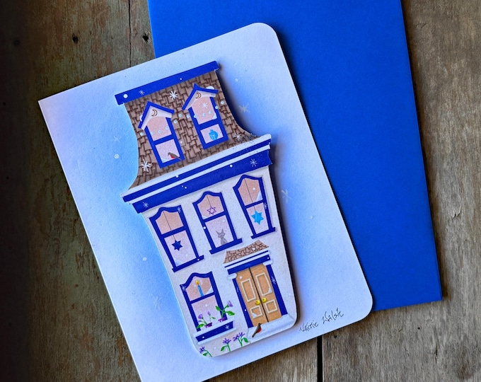 Hanukkah Town House Greeting Card | Nostalgic Hand Painted Art | Paper Stationary with Stickers