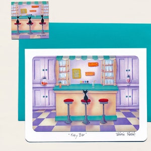 Carte de voeux vierge Kitty Bar | Carte de salon de crème glacée fontaine Kitty-Soda | Carte d'art lunatique Kitty avec enveloppe assortie | Valérie Walsh