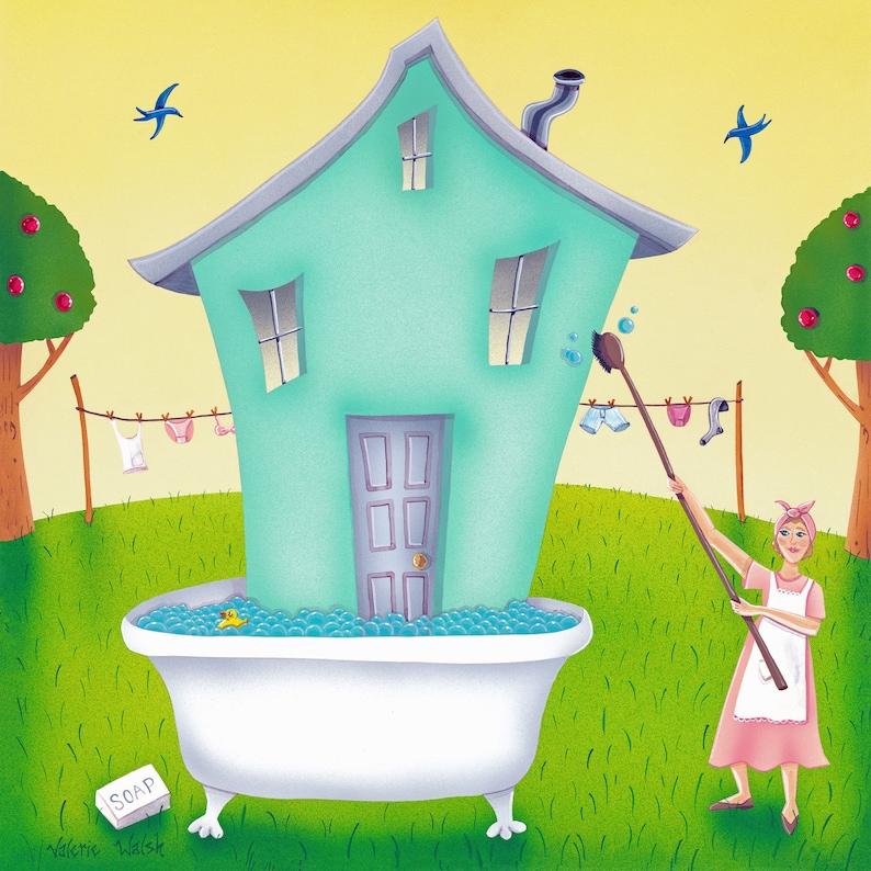 BATH HOUSE Framed Art Print Valerie Walsh Spring Cleaning Art Laundry Wall Art Laundry Room Painting Bath Tub Print 12x12