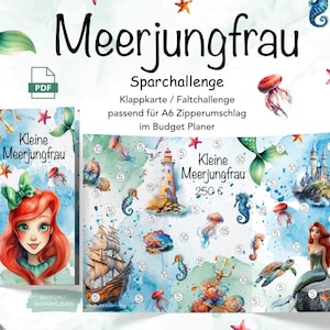 Sirena, biglietto pieghevole da favola, sfida di piegatura, gioco del risparmio, sfida di risparmio, buste per pianificatore di budget A6, download digitale in formato PDF, risparmia 250 euro