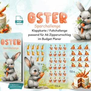 Süßer Oster Hase Klappkarte, Faltchallenge, Sparspiel Sparchallenge A6 | Budget Planer | Umschläge | PDF digitaler Download |300 Euro sparen