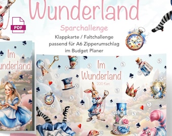 In Wonderland, fairy tale folding card, folding challenge, savings game, savings challenge A6 budget planner envelopes PDF digital download save 200 euros