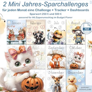 2 Mini Jahres-Challenges Spar-Challenges Tiere für die A6 Umschlagmethode | Sparspiel | 250 und 500 Euro sparen | Dashboard | PDF Download