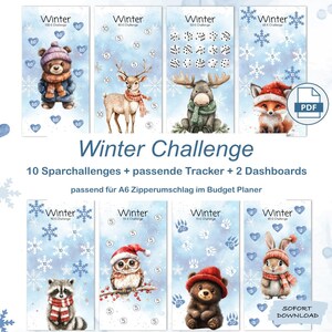 Sparchallenge 10 Winter Tiere | Dashboard | Sparspiel | Budget Planer A6 Umschlagmethode | PDF digitaler Download Sparchallenge Set Finanzen