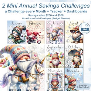 2 Mini Sfide di Risparmio Annuale Gonks Gnome | Pianificatore di Budget A6 Metodo delle Buste Contanti | Download digitale PDF stagionale di 12 mesi | 250 dollari
