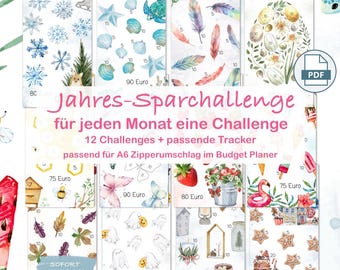 Annual Challenge: 12 Savings Challenges for the A6 Envelope Method | Savings Game | Save €1000 | Pocket Money | Instant PDF Download | Binder