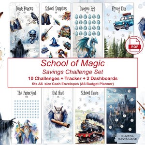 Könnte beinhalten: Ein Set aus zehn Spar-Challenge-Karten im Aquarellstil mit magischem Thema. Jede Karte zeigt Illustrationen von Fantasy-Elementen wie einem Drachen, einer Eule und einem Schulzug. Das Set enthält einen Tracker und Dashboards.