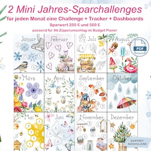 2 Mini Jahres-Challenges Spar-Challenges für die A6 Umschlagmethode | Sparspiel | 250 und 500 Euro sparen | Dashboard | PDF Download