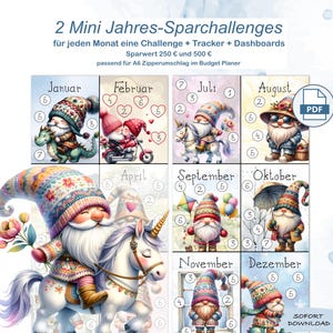2 Mini Jahres-Challenges Spar-Challenges Gnome für die A6 Umschlagmethode | Sparspiel | 250 und 500 Euro sparen | Dashboard | PDF Download