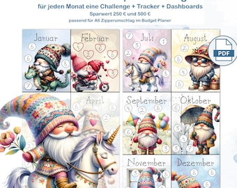 2 Mini Sfide Annuali Sfide del Risparmio Gnomo per il Metodo della Busta A6 | Gioco del Risparmio | Risparmia 250 e 500 Euro | Dashboard | Download PDF