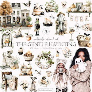 Könnte beinhalten: Ein Aquarell-Clipart-Set mit dem Titel "THE GENTLE HAUNTING" mit verschiedenen Illustrationen zum Thema Halloween. Das Set enthält Bilder von Kürbissen, Geistern, Häusern und anderen gruseligen Elementen. Das Set enthält 70 PNG-Bilder mit 300 dpi und ca. 2500x2500 Pixeln.