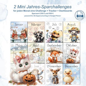 2 Mini Jahres-Challenges Spar-Challenges Tiere für die A6 Umschlagmethode | Sparspiel | 250 und 500 Euro sparen | Dashboard | PDF Download