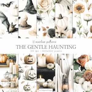 Könnte beinhalten: Eine digitale Kunstsammlung mit dem Titel "THE GENTLE HAUNTING" mit 10 nahtlosen Mustern. Die Muster umfassen Aquarellillustrationen von Fledermäusen, Hexenhüten, Spinnen, Kürbissen, Rosen und Geistern. Das Bild ist 3600x3600 Pixel groß.