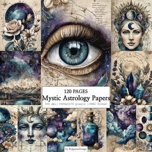 Könnte beinhalten: Eine Collage mystischer Astrologie-Papiere mit himmlischen und botanischen Illustrationen. Die Bilder zeigen ein großes Auge, eine Frau mit einem Mond und verschiedene astrologische Diagramme. Der Text lautet "Mystic Astrology Papers" und "120 Seiten."