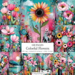 Könnte beinhalten: Ein lebendiger Kunstdruck mit bunten Blumen im Collage-Stil. Das Kunstwerk zeigt eine große Sonnenblume, rosa Tulpen und andere Blumenarrangements. Der Text "120 PAGES Colorful Flowers" ist auf dem Bild zu sehen.