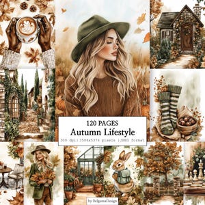 Könnte beinhalten: Eine digitale Sammlung von 120 Seiten mit dem Titel Autumn Lifestyle, die Aquarellillustrationen einer Person mit Hut, eines Steinhauses, einer Kaffeetasse, gestreifter Socken, eines Hasen mit Rucksack und herbstlichem Laub in Braun- und Grüntönen zeigt.