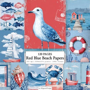 120 digitale papiersoorten met nautisch kustthema, rood-blauwe oceaan scrapbookbundel, strandzeilboot- en zeedierenillustraties, printbare zomerkustafbeeldingen