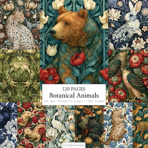 Könnte beinhalten: Eine digitale Sammlung von 120 Seiten mit dem Titel Botanical Animals, die komplexe Illustrationen von Bären, Luchsen, Kaninchen, Fröschen, Vögeln und anderen Tieren in floralen Mustern zeigt. Der Text lautet 120 PAGES Botanical Animals 300 dpi 3584x5376 pixels JPEG format by BelgamaDesign.