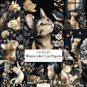 Könnte beinhalten: Eine digitale Collage mit Aquarellillustrationen von Katzen, Vögeln und Blumen vor dunklem Hintergrund. Der Text "Watercolor Cat Papers" wird zusammen mit Seiten- und Pixelmaßen angezeigt. Das Thema ist ein Katzen- und Blumendesign.