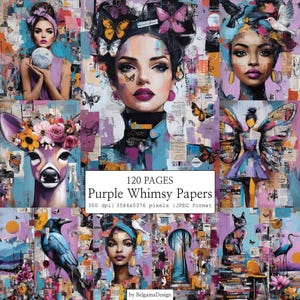 Könnte beinhalten: Eine Collage aus künstlerischen Porträts und skurrilen Illustrationen in Lila, Blau und Gelb. Der Text "120 PAGES Purple Whimsy Papers" ist zu sehen. Die Kunstwerke zeigen Schmetterlinge, Rehe und Frauen.