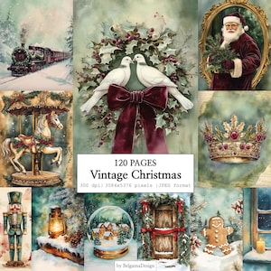 Könnte beinhalten: Eine digitale Collage mit Weihnachtsmotiven, darunter ein Dampfzug, zwei weiße Tauben mit einer dunkelroten Schleife, der Weihnachtsmann in einem Goldrahmen, ein Karussellpferd, eine juwelenbesetzte Krone, ein Nussknacker und ein Lebkuchenmann.