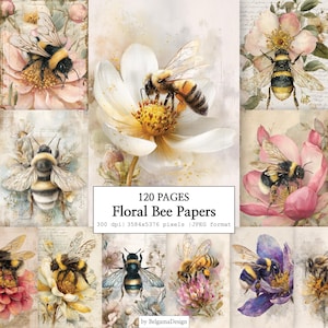 Könnte beinhalten: Eine digitale Sammlung von 120 Seiten mit dem Titel Floral Bee Papers, die verschiedene Aquarell-Illustrationen von Hummeln auf diversen Blumen wie rosa, weißen und violetten Blüten zeigt, mit Textdetails 300 dpi, 3584x5376 pixels.