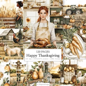 Könnte beinhalten: Eine digitale Collage aus Aquarellillustrationen mit einer Person in einer Schürze mit einem gebratenen Truthahn, einer Farm mit Traktor, Hahn, Esel, Vogelscheuche, Karotten, Kartoffeln und dem Text 120 PAGES Happy Thanksgiving.