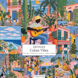 Könnte beinhalten: Ein lebendiger digitaler Kunstdruck mit dem Titel "Cuban Vibes" mit einer Collage von Szenen. Das zentrale Bild zeigt eine Person, die Gitarre spielt. Der Text auf dem Bild lautet "120 Seiten" und "Cuban Vibes". Das Kunstwerk hat ein tropisches Thema mit leuchtenden Farben.