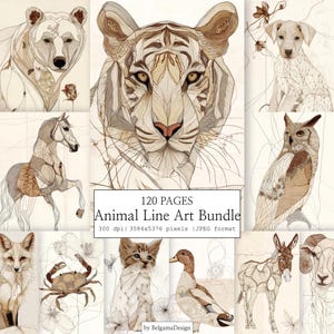 Könnte beinhalten: Eine Sammlung von Tier-Linienkunst-Illustrationen in Sepia-Tönen. Die Bilder zeigen einen Bären, Tiger, Hund, Pferd, Eule, Fuchs, Krabbe, Katze, Ente, Esel und Widder. Der Text lautet "120 PAGES Animal Line Art Bundle".