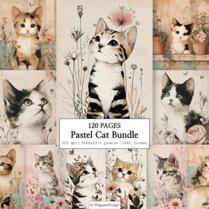 Könnte beinhalten: Ein digitales Kunstpaket mit Aquarellillustrationen von entzückenden, pastellfarbenen Kätzchen. Die Bilder zeigen verschiedene Katzenrassen mit floralen Akzenten und dem Text "120 PAGES Pastel Cat Bundle". Die Bilder sind im JPEG-Format.