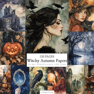 Könnte beinhalten: Eine digitale Sammlung von 120 Seiten mit dem Titel Witchy Autumn Papers, die Aquarell-Illustrationen eines Schlosses auf einer Klippe, einer Frau mit schwarzen Haaren und Raben, eines Kürbisses, eines Mondbaums und einer leuchtenden Kugel zeigt.