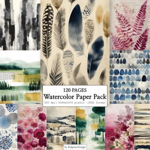 Abstract Watercolor Papers Bundle, 120 Printable Journal Pages, Botanical & Texture Backgrounds, Minimalist Scrapbook Paper, Mixed Media
